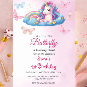 Invitación Primera mariposa rosa unicornio de cumpleaños