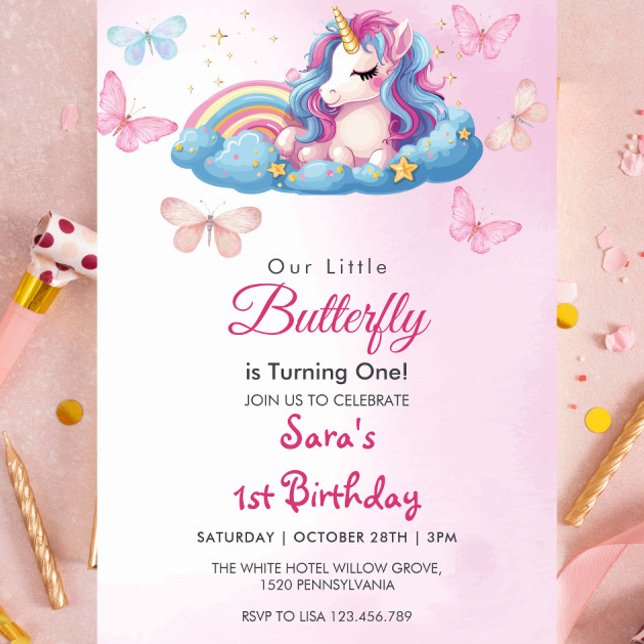 Invitación Primera mariposa rosa unicornio de cumpleaños (Subido por el creador)