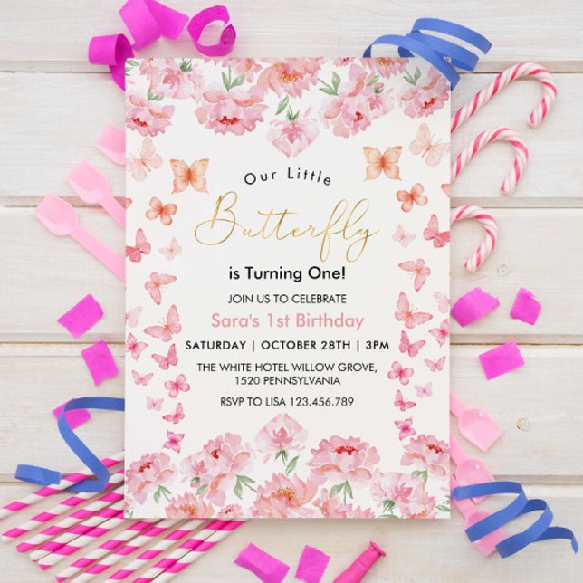 Invitación Primera mariposa y flor rosada en el cumpleaños (Subido por el creador)