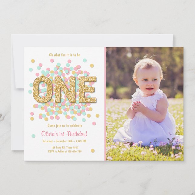 Invitación Primera menta del oro del rosa del chica de la (Anverso)