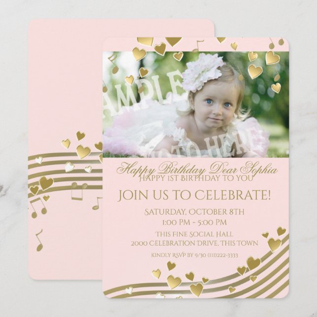 Invitación Primera música de cumpleaños y corazones (Anverso / Reverso)