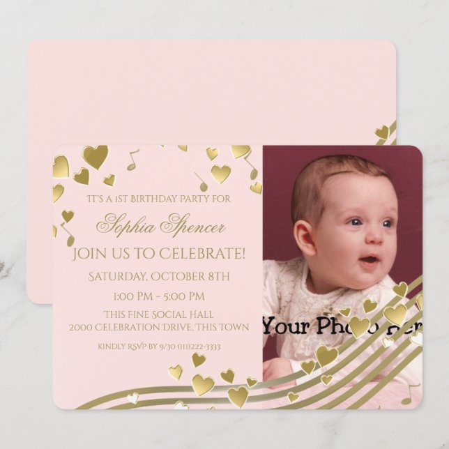 Invitación Primera música de cumpleaños y corazones (Anverso / Reverso)