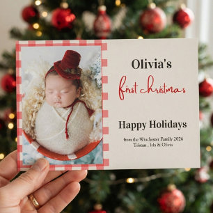 Invitación Primera Navidad de Bebé Foto Cuadro de Plaid Rojo