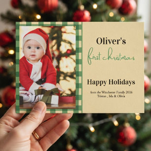 Invitación  Primera Navidad del bebé en cuadros verdes Foto