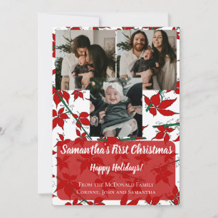 Invitación Primera Navidad del bebé flores rojas 3 foto nombr
