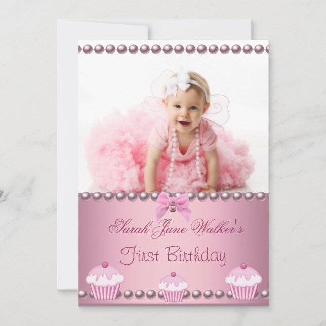 Invitación Primera niña cumpleaños 1er Cumpleaños Cupcakes ro (Anverso)