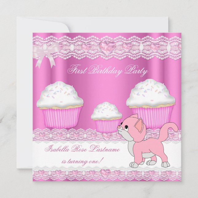Invitación Primera niña cumpleaños 1er Cumpleaños Cupcakes Ro (Anverso)
