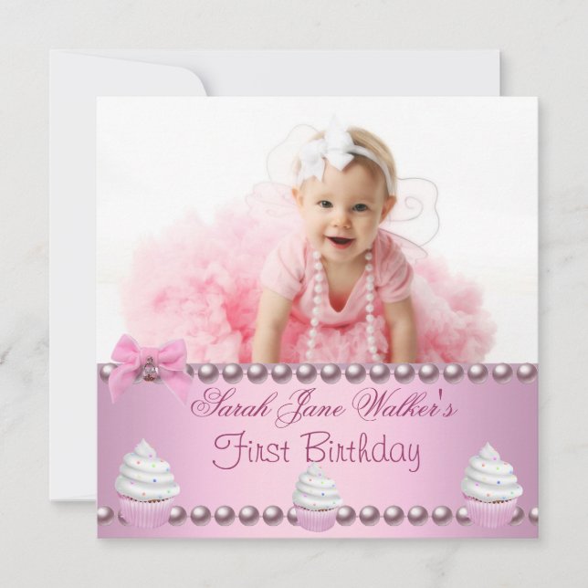 Invitación Primera niña cumpleaños 1er Cumpleaños Rosa Perlas (Anverso)