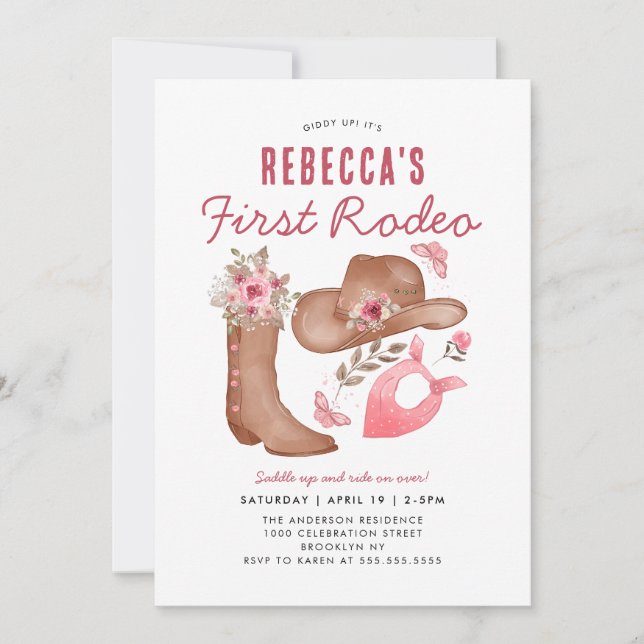 Invitación Primera niña rosada de rodeo de rodeo primer cumpl (Anverso)