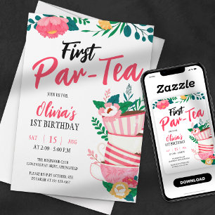 Invitación ¡Primera Par-Tea! Fiesta de Té Floral Rosa Cumplea