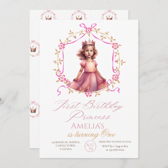 Invitación Primera Princesa de Cumpleaños Primer Fiesta (Anverso / Reverso)