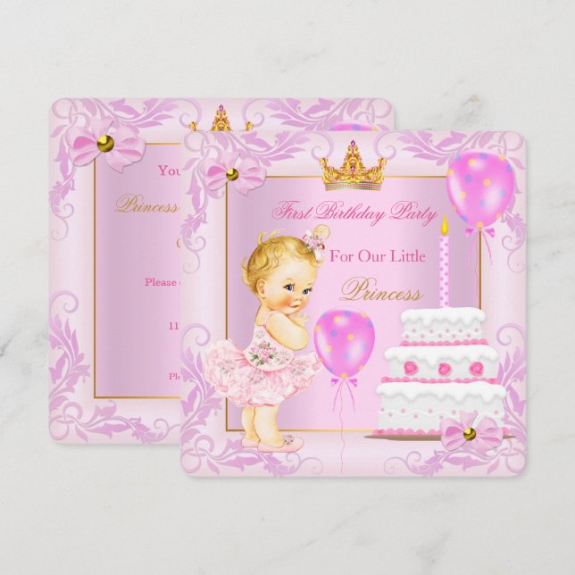 Invitación Primera princesa de cumpleaños Tiara Chica rubia (Anverso / Reverso)