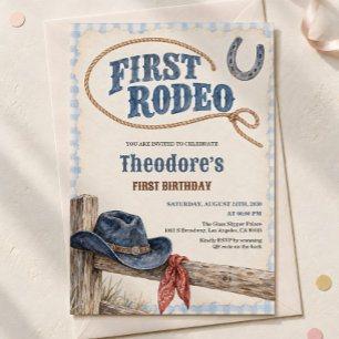 Invitación Primera Rodeo Cumpleaños Uno Vaquero Gingham Azul