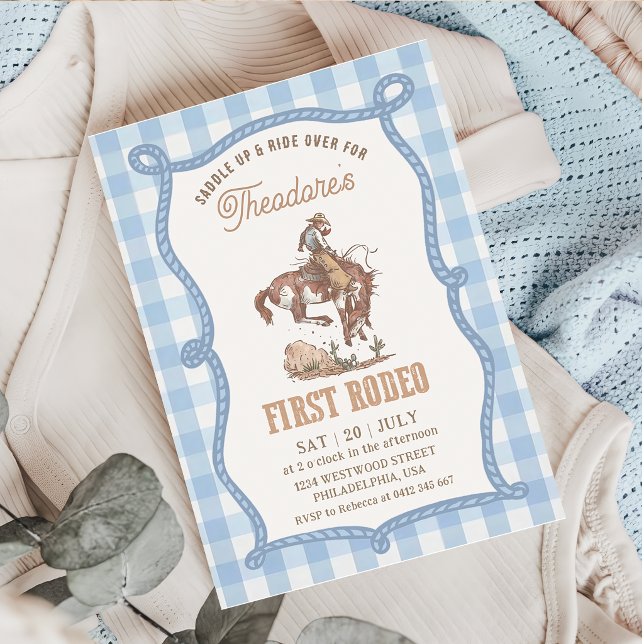 Invitación Primera Rodeo de Gingham Azul Vintage (Subido por el creador)