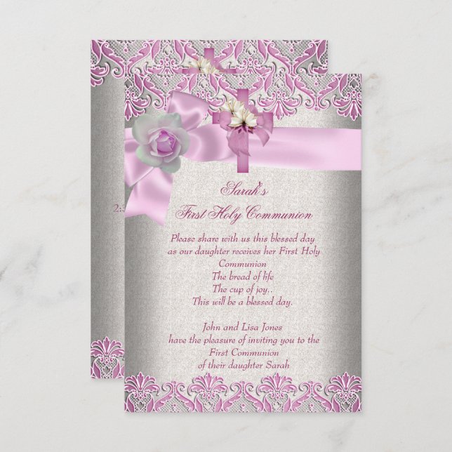 Invitación Primera Santa Comunión 1 Chicas cruzados Cream Pin (Anverso / Reverso)