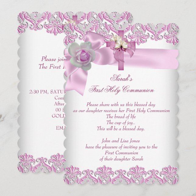Invitación Primera Santa Comunión 1 Chicas cruzados de rosa b (Anverso / Reverso)