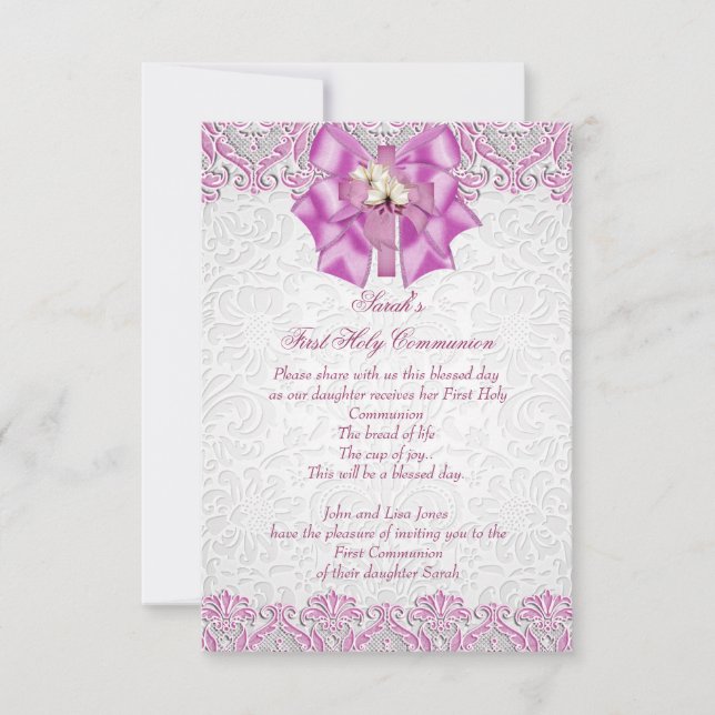 Invitación Primera Santa Comunión 1 Chicas cruzados Lilac Pin (Anverso)