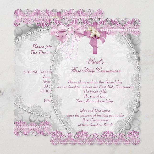 Invitación Primera Santa Comunión 1 Chicas cruzados Rosa Blan (Anverso / Reverso)