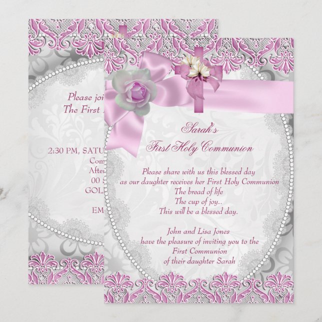 Invitación Primera Santa Comunión 1 Chicas cruzados Rosado Bl (Anverso / Reverso)