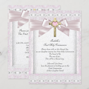 Invitación Primera Santa Comunión 1 Chicas cruzan encaje rosa