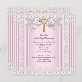 Invitación Primera Santa Comunión 1 Chicas cruzan encaje rosa
