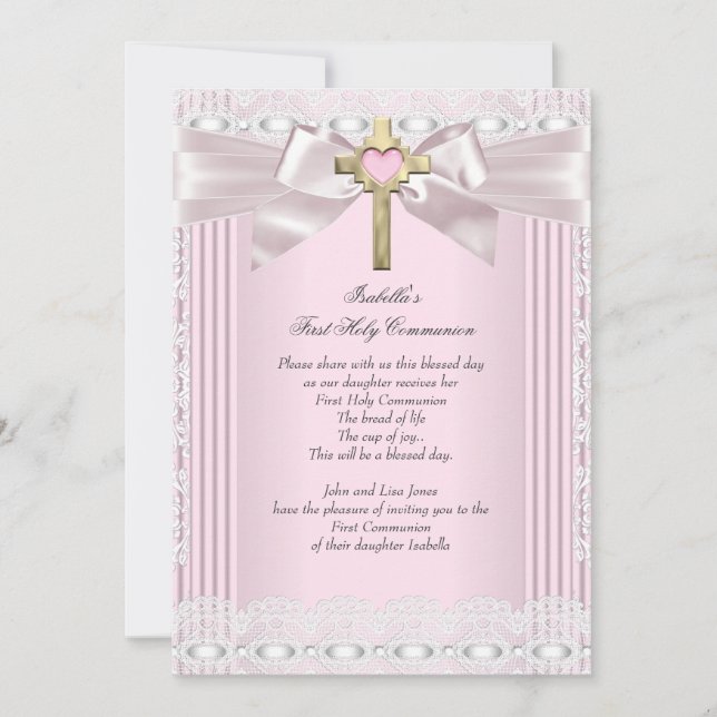Invitación Primera Santa Comunión 1 Chicas cruzan encaje rosa (Anverso)