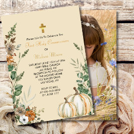 Invitación Primera Santa Comunión Cae Floral Marrón Rústica