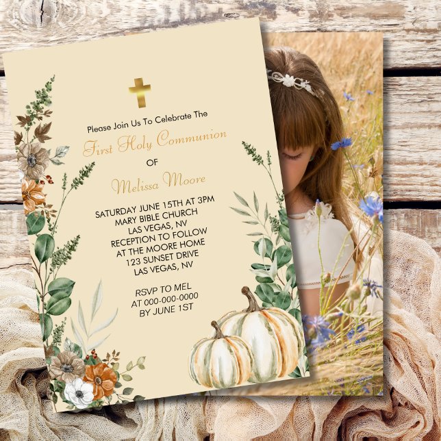 Invitación Primera Santa Comunión Cae Floral Marrón Rústica (Subido por el creador)