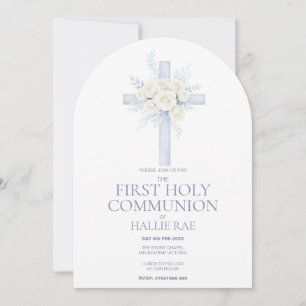 Invitación Primera Santa Comunión, Cruz Arqueada Floral Azul