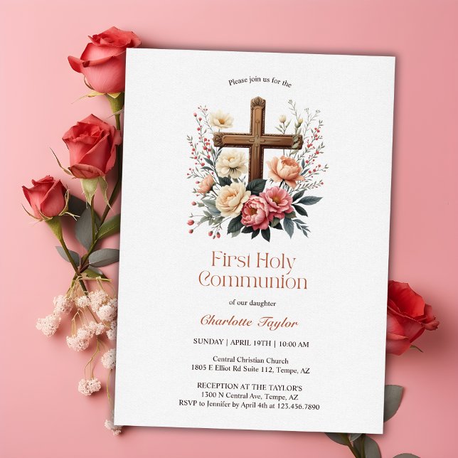 Invitación Primera Santa Comunión de la Cruz Católica (Floral Catholic Cross First Holy Communion Invitation)
