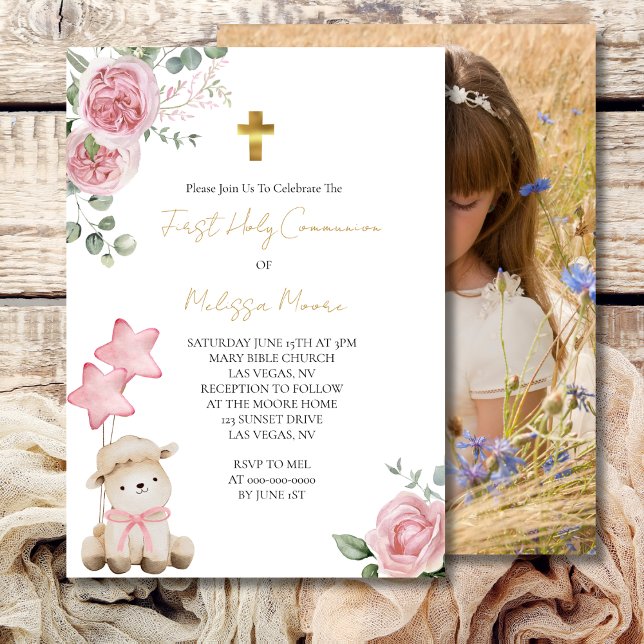 Invitación Primera Santa Comunión Dulce Rosas Rosa De Cordero (Subido por el creador)