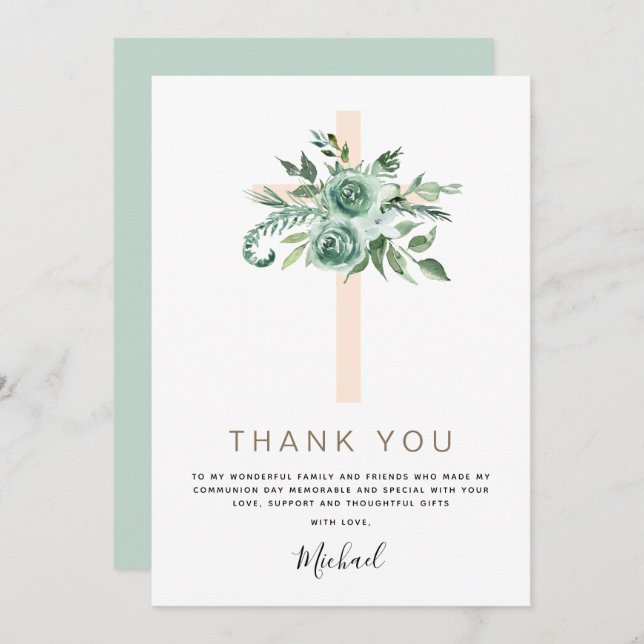 Invitación Primera Santa Comunión Gracias Sage Eucalyptus (Anverso / Reverso)
