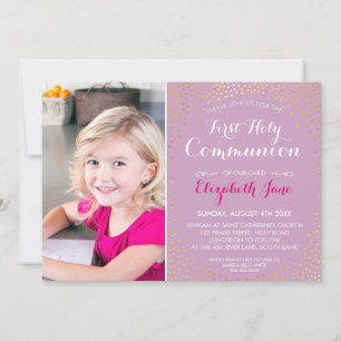 Invitación PRIMERA SANTA COMUNIÓN mini oro confetti morado