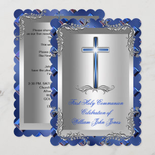 Invitación Primera Santa Comunión Niño Plateado Azul Real 2TS