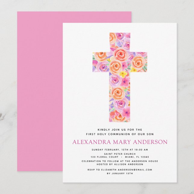 Invitación Primera Santa Comunión Pastel Floral Rosa (Anverso / Reverso)