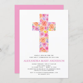 Invitación Primera Santa Comunión Pastel Floral Rosa