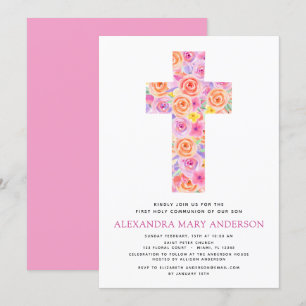 Invitación Primera Santa Comunión Pastel Floral Rosa