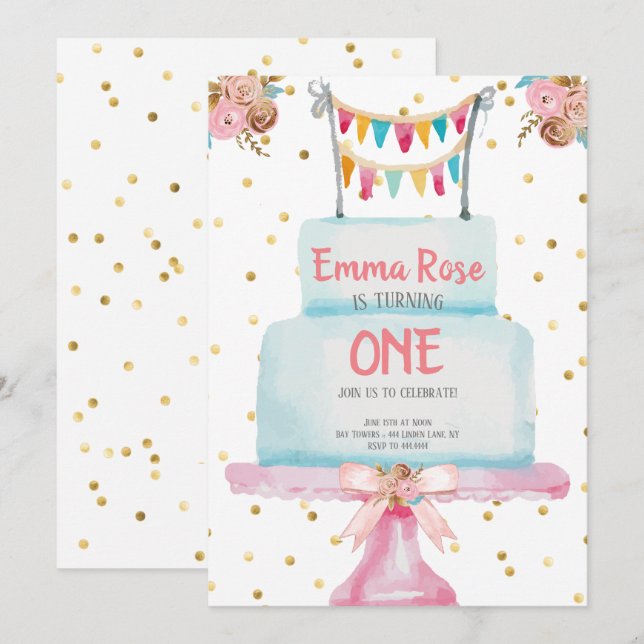 Invitación Primera torta de la acuarela del cumpleaños (Anverso / Reverso)