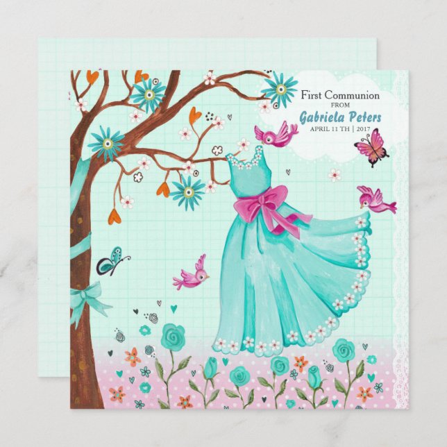 Invitación Primera Vestimenta De Comunión | Chica de invitaci (Anverso / Reverso)