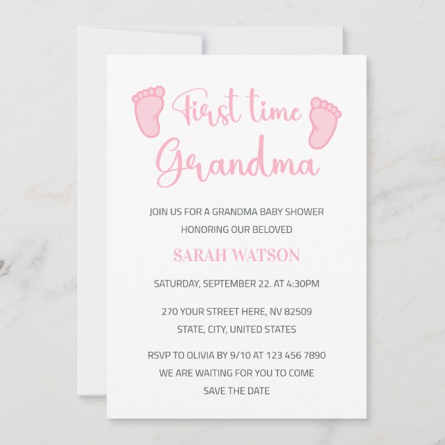 Invitación Primera Vez Abuela Niña Bebé Ducha De Pies (Anverso)