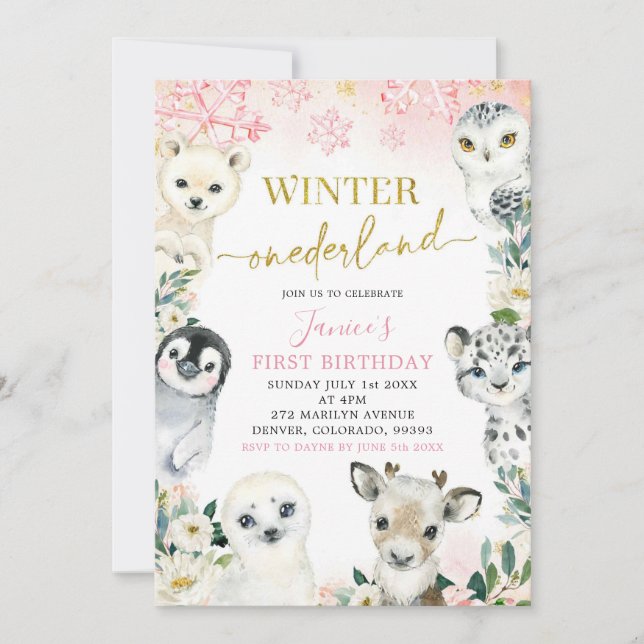 Invitación Primeramente Oro Rosa Ártico Animal Invierno de On (Anverso)