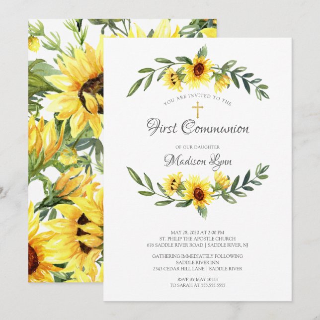 Invitación Primeras comunidades de girasoles amarillos acuare (Anverso / Reverso)
