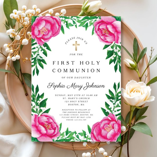 Invitación Primeras comunidades religiosas de flores rosadas (Pink Floral Peonies Religious First Communion Invitation)