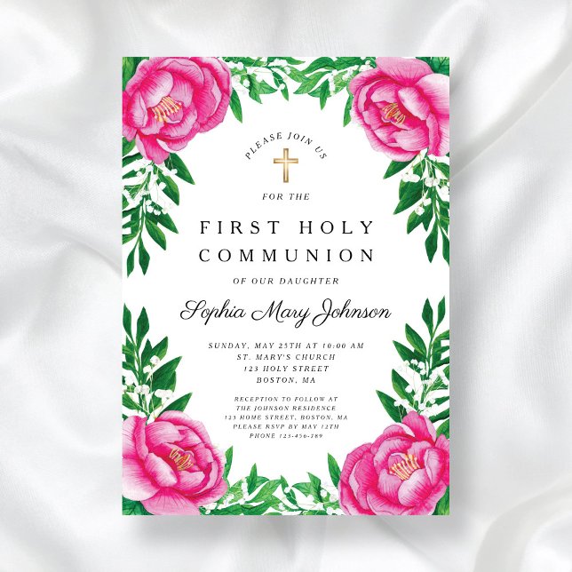 Invitación Primeras comunidades religiosas de flores rosadas (Pink Floral Peonies Religious First Communion Invitation)
