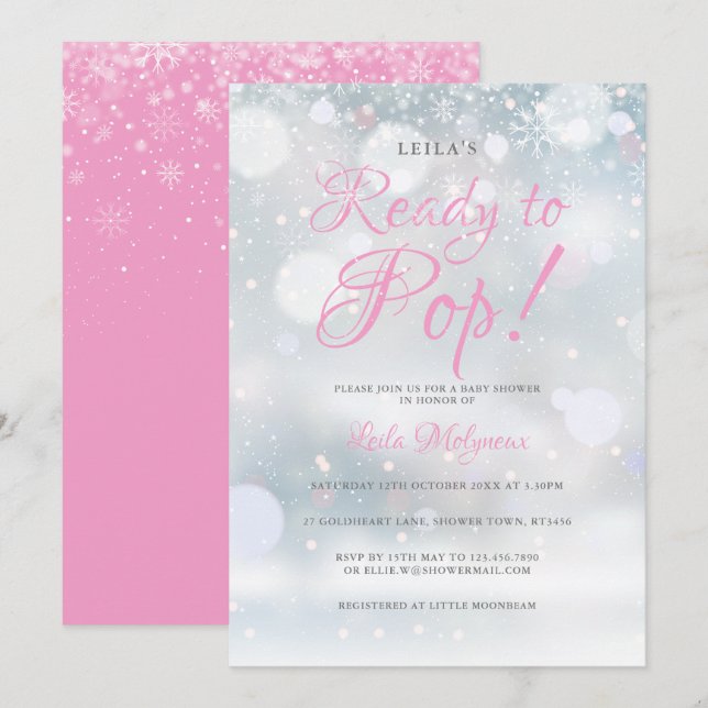 Invitación Primeras Copos de Nieve Rosa Listos para la Fiesta (Anverso / Reverso)