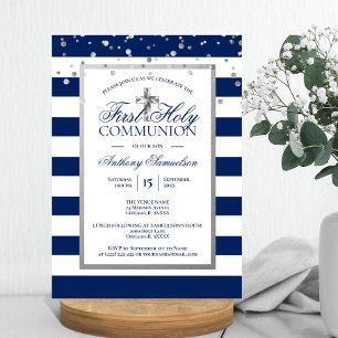 Invitación Primeras franjas azules de la marina de plata niño