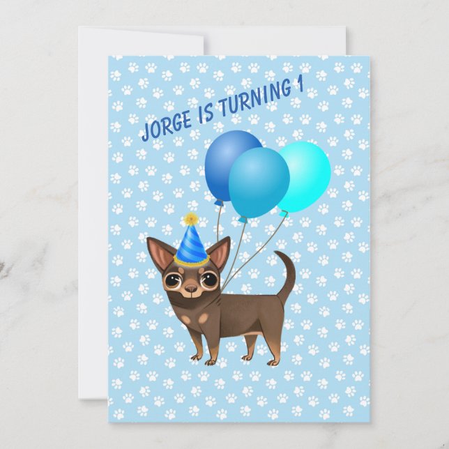 Invitación Primeras Invenciones de Cumpleaños de Blue Chihuah (Anverso)