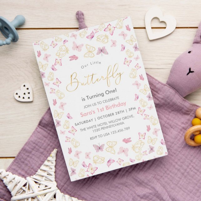 Invitación Primeras mariposas rosadas y de oro de cumpleaños (Subido por el creador)