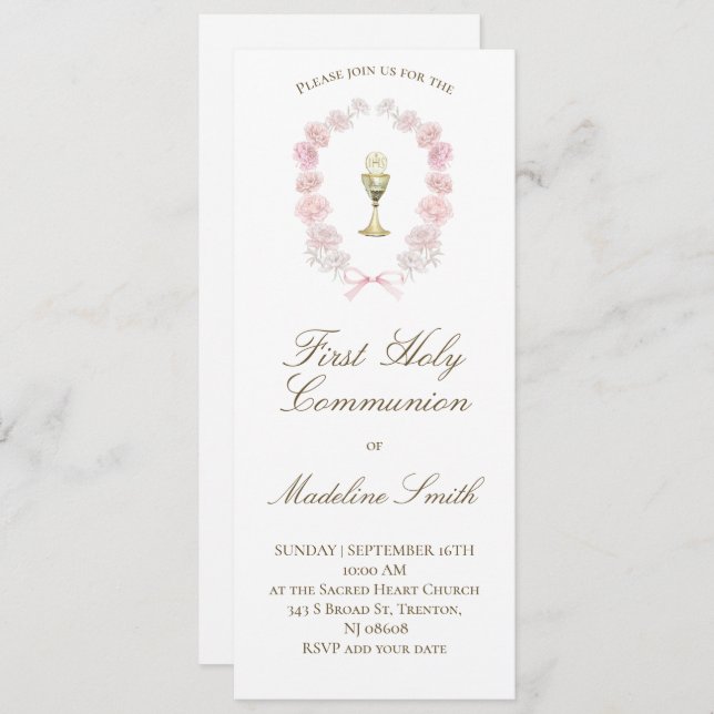 Invitación primeras peonías rosadas de comunión (Anverso / Reverso)