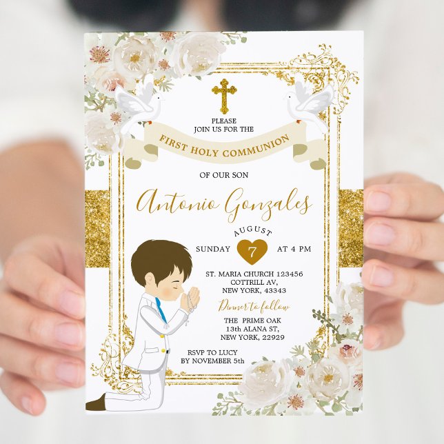 Invitación Primerísima Comunión De Flores Blancas De Oro (Subido por el creador)